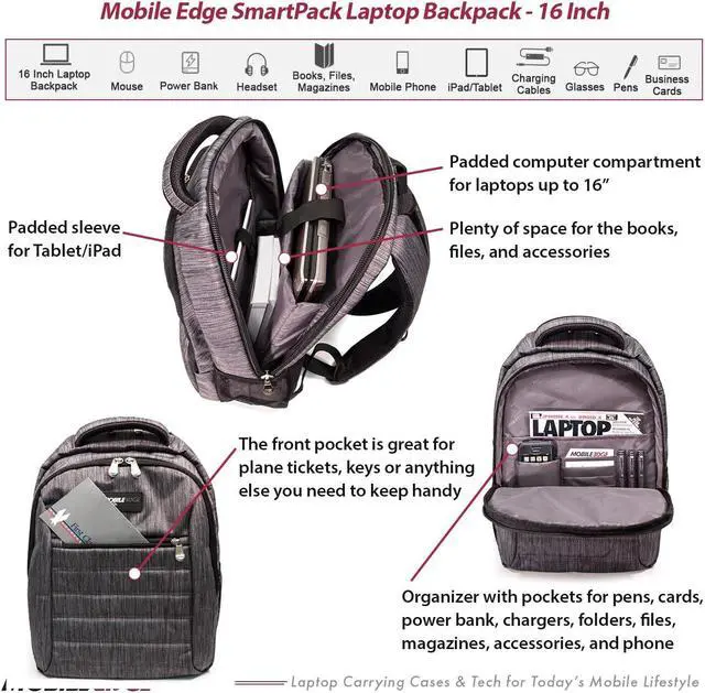 Alt view image 3 of 5 - Mobile Edge SmartPack Laptop Backpack for Men and Women, Compatible with Mac 16-17 Inch Laptops, Travel Computer Bag, Super Lightweight, Water-Resistant Exterior, Carbon
