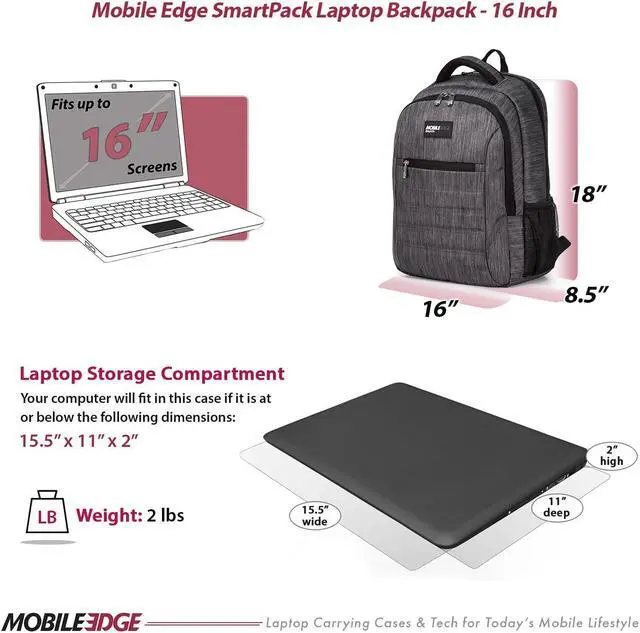 Alt view image 4 of 5 - Mobile Edge SmartPack Laptop Backpack for Men and Women, Compatible with Mac 16-17 Inch Laptops, Travel Computer Bag, Super Lightweight, Water-Resistant Exterior, Carbon