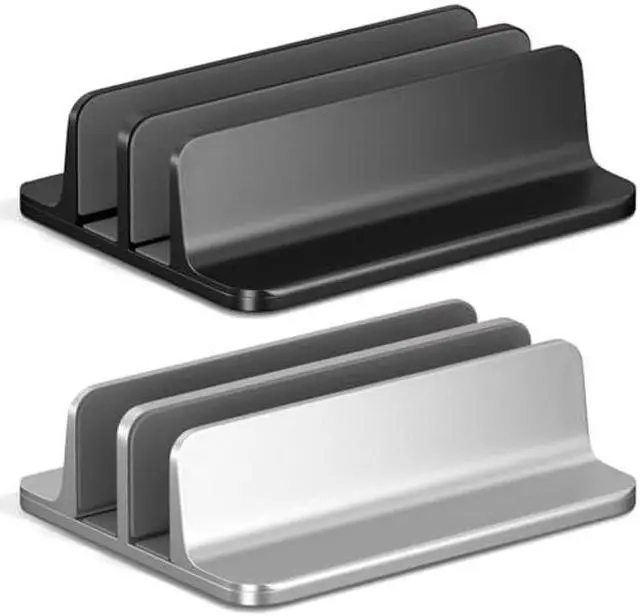 Main image of Kuzy Vertical Laptop Stand for Desk, MacBook Vertical Stand Aluminum, Laptop Holder Vertical, Laptop Vertical Stand Dual Slots Holder Adjustable Dock for Gaming Laptops, Black and Silver