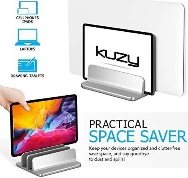 Alt view image 2 of 3 - Kuzy Vertical Laptop Stand for Desk, MacBook Vertical Stand Aluminum, Laptop Holder Vertical, Laptop Vertical Stand Dual Slots Holder Adjustable Dock for Gaming Laptops, Black and Silver