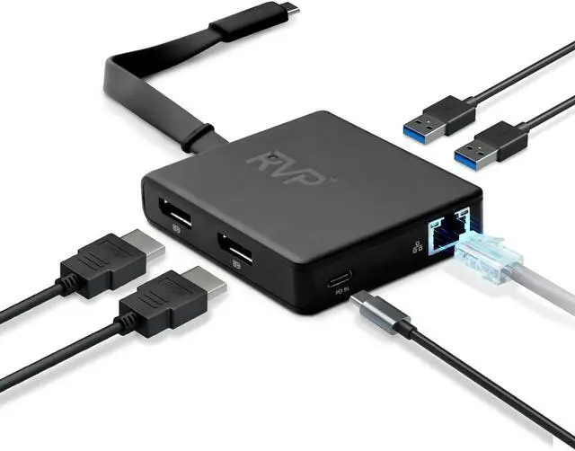 Main image of RVP+ USB C Docking Station Dual Monitor, 6-in-1, 100W Laptop-Charging, DisplayPort Multi-Stream Transport (MST), Ethernet, Compatible with Thunderbolt 3 Laptop (RVP-601)