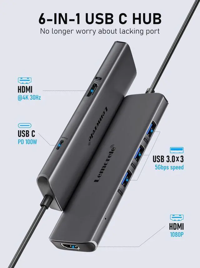 Alt view image 4 of 5 - Lemorele MacBook Docking Station Dual Monitor Multi-Stream Transport, 6 in 1 USB C Laptop Docking Station w/4K HDMI, 3 USB 3.0, 100W Charging Port, USB C Hub for MacBook Air Pro M1 M2 Mac OS 10.15