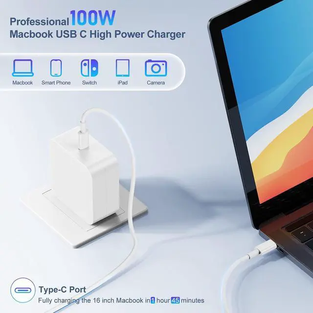 Alt view image 2 of 5 - 100W Mac Book Pro Charger with 6ft USB C to C Cable, GaN PD USB C Fast Wall Charger Power Adapter Compatible with MacBook Pro 16, 15, 14, 13 Inch, MacBook Air 13 Inch, iPad Pro 2021/2020/2019/2018