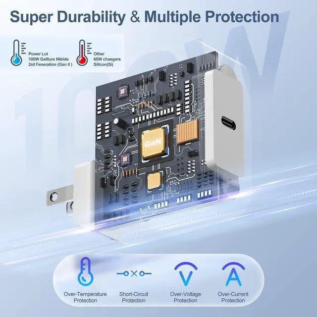 Alt view image 3 of 5 - 100W Mac Book Pro Charger with 6ft USB C to C Cable, GaN PD USB C Fast Wall Charger Power Adapter Compatible with MacBook Pro 16, 15, 14, 13 Inch, MacBook Air 13 Inch, iPad Pro 2021/2020/2019/2018