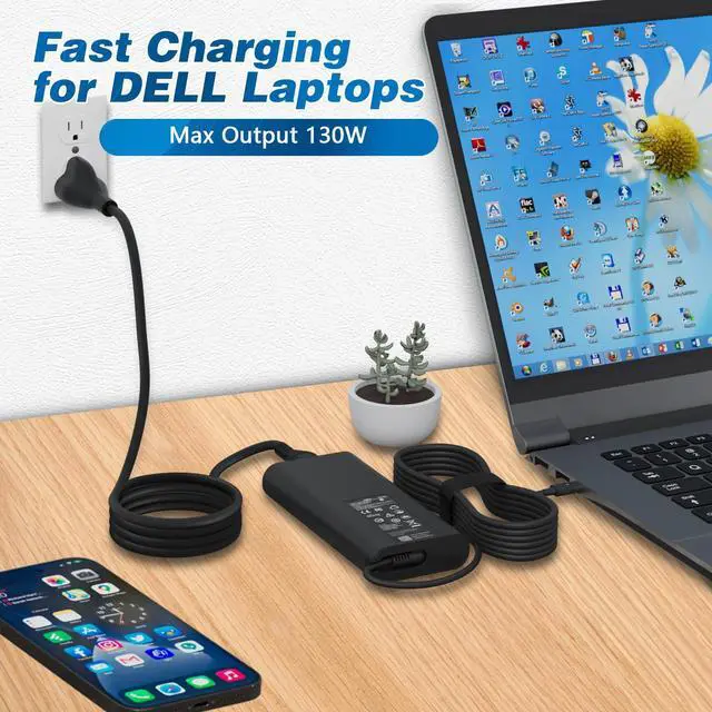 Alt view image 3 of 5 - 130W USB C Charger for Dell Laptop: Replacement Dell Precision 5560 5550 5570 5520 5750 3581 3560 5530 2 in 1 Dell XPS 15 9575 2 in 1 9530 XPS 17 9720 9730 Latitude 5440 5540 7440 AC Power Adapter