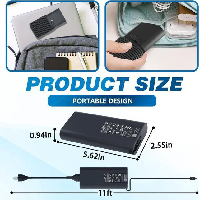 Alt view image 5 of 5 - 130W USB C Charger for Dell Laptop: Replacement Dell Precision 5560 5550 5570 5520 5750 3581 3560 5530 2 in 1 Dell XPS 15 9575 2 in 1 9530 XPS 17 9720 9730 Latitude 5440 5540 7440 AC Power Adapter