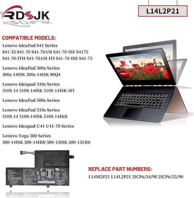 Alt view image 3 of 5 - L14L2P21 L14M2P21 Laptop Battery for Lenovo Yoga 500 500-151BD 500-15ISK 500-14ISK 500-14IBD Ideapad U41-70 310S-14ISK 300S-14ISK S41-70 S41-70AM-IFI 500S 500S-14ISK 510S-14ISK 520S-14IKB 7.4V 30Wh