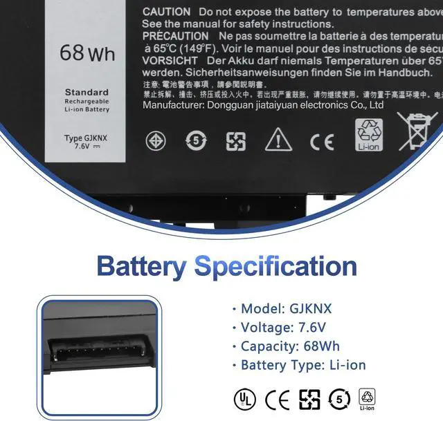 Alt view image 2 of 5 - ANTIEE 68Wh GJKNX Laptop Battery Replacement for Dell Latitude 5480 5580 5280 5288 5290 5488 5490 5491 5495 5590 5591 E5480 E5580 E5590 E5490 Precision 15 3520 3530 GD1JP DY9NT 0DY9NT 5YHR4 451-BBZG