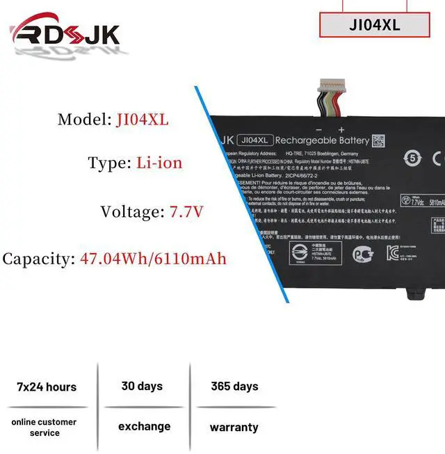 Alt view image 2 of 5 - JI04XL JI04 Laptop Battery for HP Elite X2 1012 G2 1LV76EA G2-1LV76EA Series J104XL HSTNN-UB7E HSTNN-DB8I 901307-2C1 HSN-I07C 901307-541 901247-855 JI04047XL 2ICP4/66/72-2 JI04047XL-PL 7.7V 47.04Wh