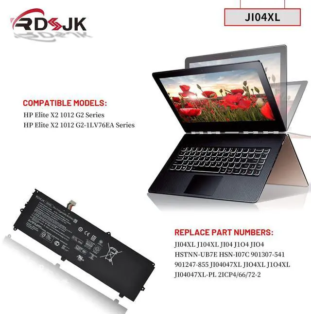 Alt view image 3 of 5 - JI04XL JI04 Laptop Battery for HP Elite X2 1012 G2 1LV76EA G2-1LV76EA Series J104XL HSTNN-UB7E HSTNN-DB8I 901307-2C1 HSN-I07C 901307-541 901247-855 JI04047XL 2ICP4/66/72-2 JI04047XL-PL 7.7V 47.04Wh