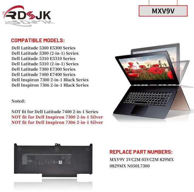 Alt view image 3 of 5 - MXV9V Laptop Battery for Dell Latitude 5300 5310 7300 7400 E5300 E5310 E7300 E7400 Inspiron 7300 7306 2-in-1 Black Series P96G P96G001 P97G P97G001 P97G002P99G001 5VC2M 05VC2M 829MX 0829MX 7.6V 60Wh