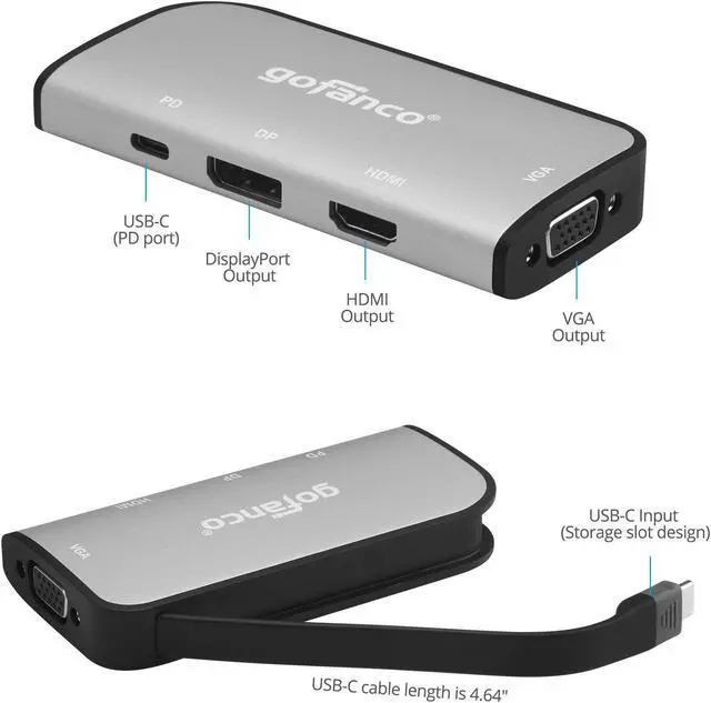 Alt view image 3 of 5 - gofanco 4K 60Hz USB-C MST Hub with 3 Displays  USBC to Up to 3 Displays (HDMI/DisplayPort/VGA), 100W PD Charging, Thunderbolt 3 & 4 Compatible, Windows Only, No macOS, DP Alternate Mode (USBCMST3VID)