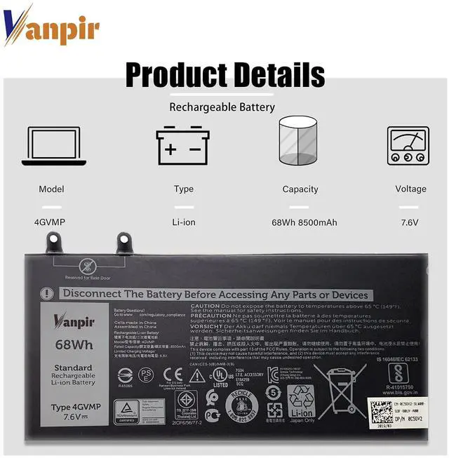 Alt view image 2 of 5 - VANPIR 4GVMP Laptop Battery, 7.6V 68Wh Compatible with Dell Latitude 5400 5500 Precision 3540 3550 Inspiron 7590 7591 7791 2-in-1 Series Notebook 1V1XF R8D7N RF7WM 0RF7WM 9JRYT 09JRYT