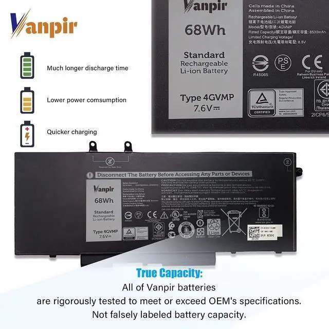 Alt view image 3 of 5 - VANPIR 4GVMP Laptop Battery, 7.6V 68Wh Compatible with Dell Latitude 5400 5500 Precision 3540 3550 Inspiron 7590 7591 7791 2-in-1 Series Notebook 1V1XF R8D7N RF7WM 0RF7WM 9JRYT 09JRYT