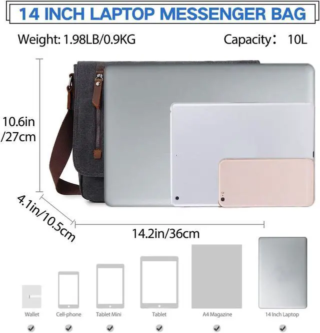 Alt view image 2 of 5 - Messenger Bag for Men and Women, Canvas Leather 14 Inch Laptop Messenger Bag Shoulder Bag for Work VONXURY