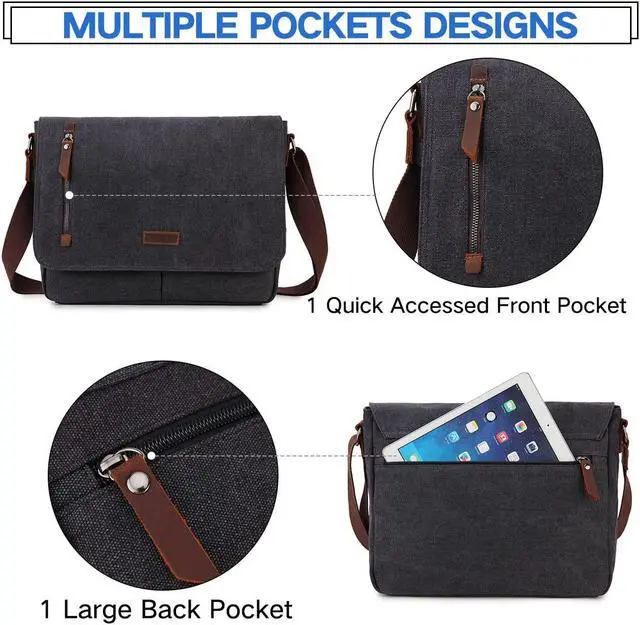 Alt view image 4 of 5 - Messenger Bag for Men and Women, Canvas Leather 14 Inch Laptop Messenger Bag Shoulder Bag for Work VONXURY