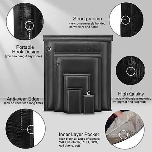 Alt view image 5 of 5 - Large Faraday Bags- 5 Pack Faraday Cages for Laptops & Tablets & Phones & Car Keys, Faraday Key Fob Protector, Fireproof & Waterproof RFID Faraday Pouch Key Fob Signal Blocker Anti-Theft Faraday Bag