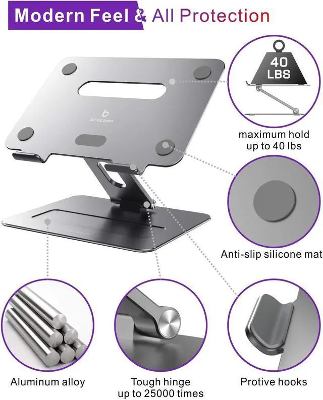 Alt view image 3 of 5 - brocoon Adjustable MacBook Laptop Stand for Desk | Ergonomic Aluminum Laptop Riser with Heat-Vent, Compatible for 10-17" Laptops, Space Grey