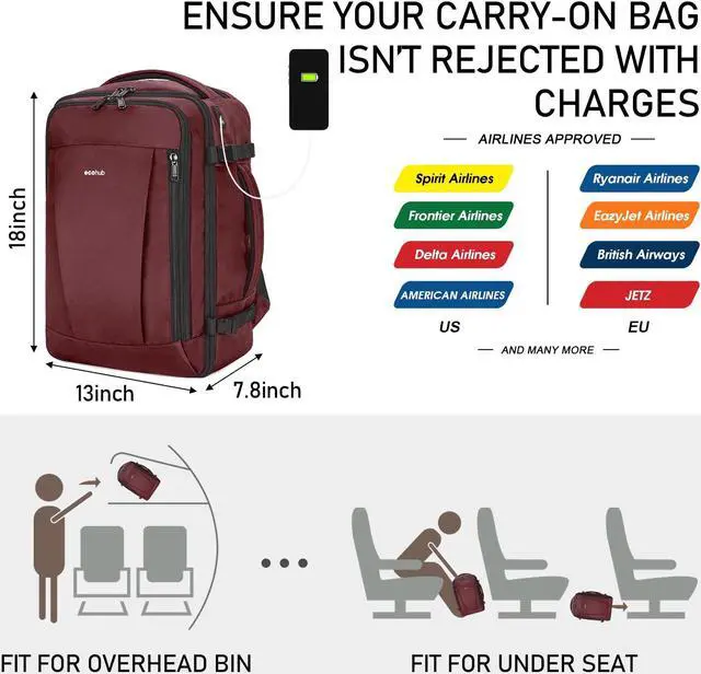 Alt view image 2 of 5 - ECOHUB Travel Backpack 18x14x8 Spirit Airlines Personal Item Bag Carry On Backpack 13 Pockets Large Work Casual Daypack for men Airline Approved Waterproof Gym Backpack with Charging Port, Red