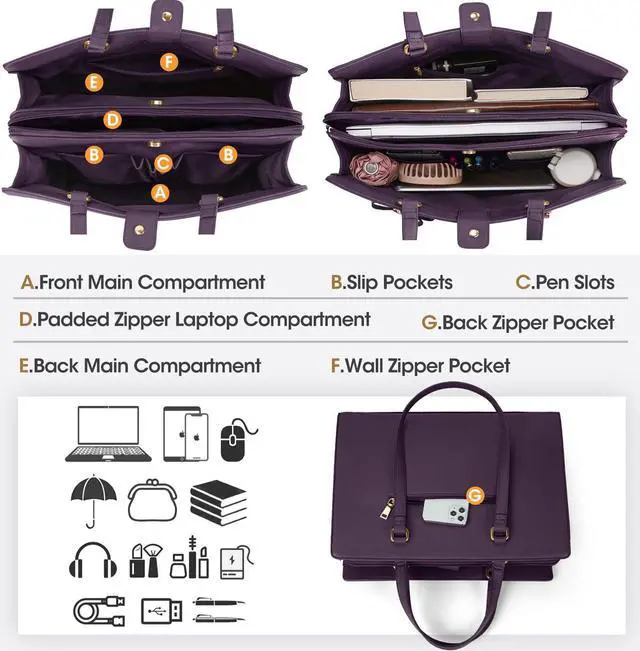 Alt view image 2 of 5 - Laptop Bag for Women 15.6 inch Laptop Tote Bag Waterproof Leather Computer Bag Large Lightweight Briefcase Professional Business Work Bag Dark Purple