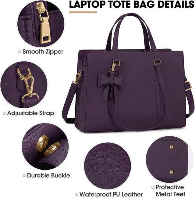 Alt view image 4 of 5 - Laptop Bag for Women 15.6 inch Laptop Tote Bag Waterproof Leather Computer Bag Large Lightweight Briefcase Professional Business Work Bag Dark Purple