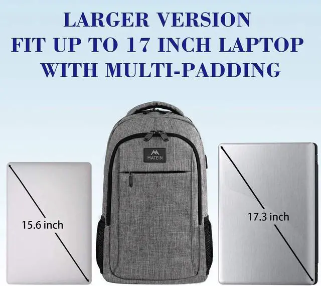 Alt view image 3 of 5 - MATEIN 17 Inch Travel Laptop Backpack, Extra Large Business Backpack with USB Charging Port, Water-Resistant Computer Bag Daypack for Men Women Work Anti-Theft College Backpack, Grey