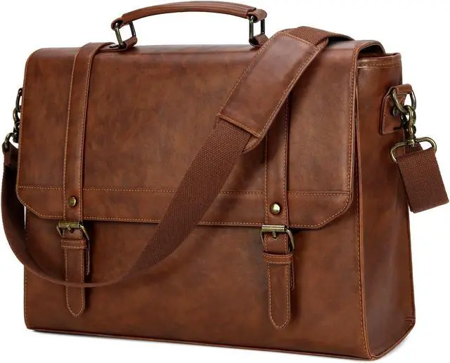 Main image of IGOLUMON Messenger Bag for Men 15.6 inch Vintage Leather Waterproof Laptop Briefcase Large Computer Laptop Bag Leather Satchel Bag Retro Shoulder Bag for Office Business Travel College, Brown