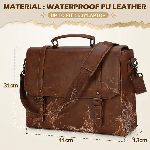 Alt view image 2 of 5 - IGOLUMON Messenger Bag for Men 15.6 inch Vintage Leather Waterproof Laptop Briefcase Large Computer Laptop Bag Leather Satchel Bag Retro Shoulder Bag for Office Business Travel College, Brown