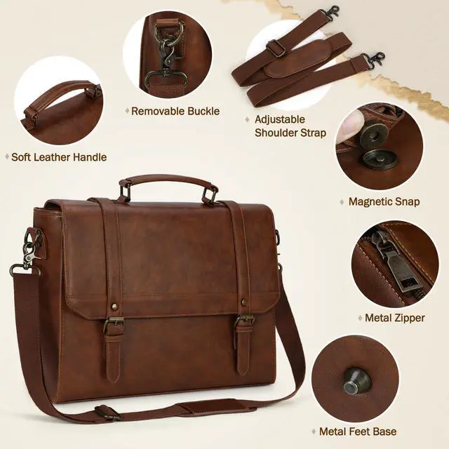 Alt view image 4 of 5 - IGOLUMON Messenger Bag for Men 15.6 inch Vintage Leather Waterproof Laptop Briefcase Large Computer Laptop Bag Leather Satchel Bag Retro Shoulder Bag for Office Business Travel College, Brown