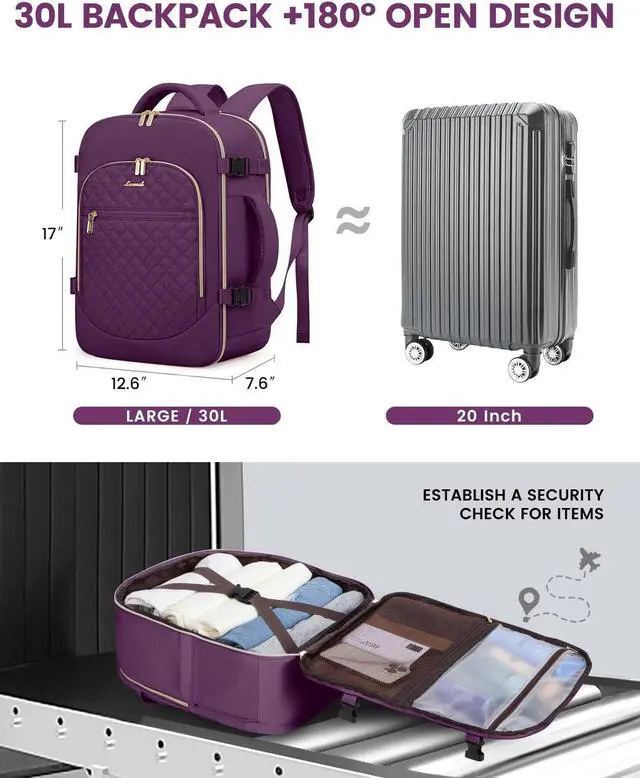 Alt view image 4 of 5 - LOVEVOOK Carry on Backpack, 30L Travel Backpack for Women Airline Approved,Luggage Business Weekender Overnight Daypack as Personal Item fit for 15.6 inch Laptop,Purple