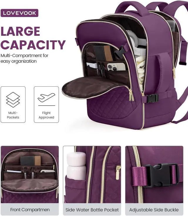 Alt view image 5 of 5 - LOVEVOOK Carry on Backpack, 30L Travel Backpack for Women Airline Approved,Luggage Business Weekender Overnight Daypack as Personal Item fit for 15.6 inch Laptop,Purple