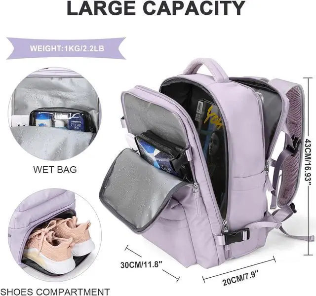 Alt view image 2 of 5 - WONHOX Large Travel Backpack Women, Carry On Backpack,Hiking Laptop Backpack Waterproof Outdoor Sports Rucksack Casual Daypack (Purple)