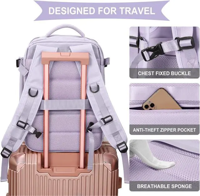 Alt view image 3 of 5 - WONHOX Large Travel Backpack Women, Carry On Backpack,Hiking Laptop Backpack Waterproof Outdoor Sports Rucksack Casual Daypack (Purple)