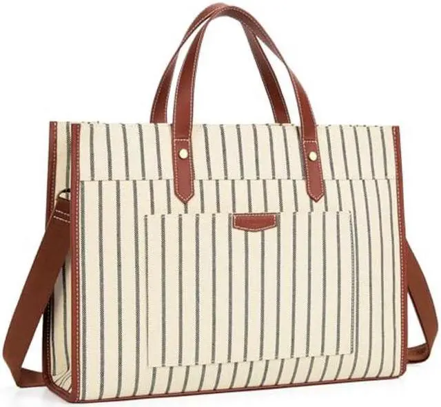 Main image of Missnine Laptop Tote Bag Canvas Laptop Bag 15.6 inch Work Shoulder Bags Casual Briefcase Handbag for Travel, Office, College (Stripe)