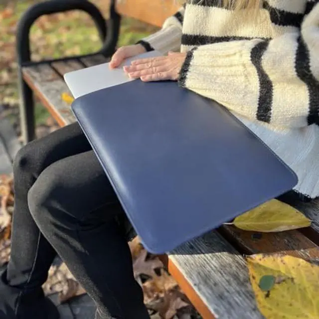 Alt view image 4 of 5 - No Logo Leather Case for MacBook Air 2018-2023 M1 M2 Chip Sleeve Soft Bag Handmade for 13-inch MacBook Air M1 A2337 A2179 A1932 2018-2022, MacBook Pro M1/A2338 A2251 A2289 2016-2021, Blue Vertical