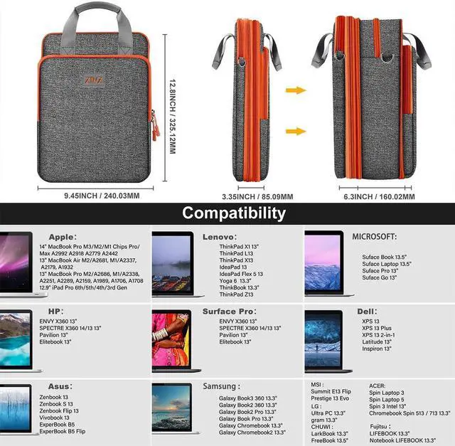 Alt view image 2 of 5 - ZINZ Slim & Expandable Case 12.9 13 inch Travel Laptop Shoulder Bag for MacBook Air 13" M3/M2/M1, MacBook Pro 13" M2/M1, iPad Pro 12.9"/13"/11", iPad Air 13",L01G05