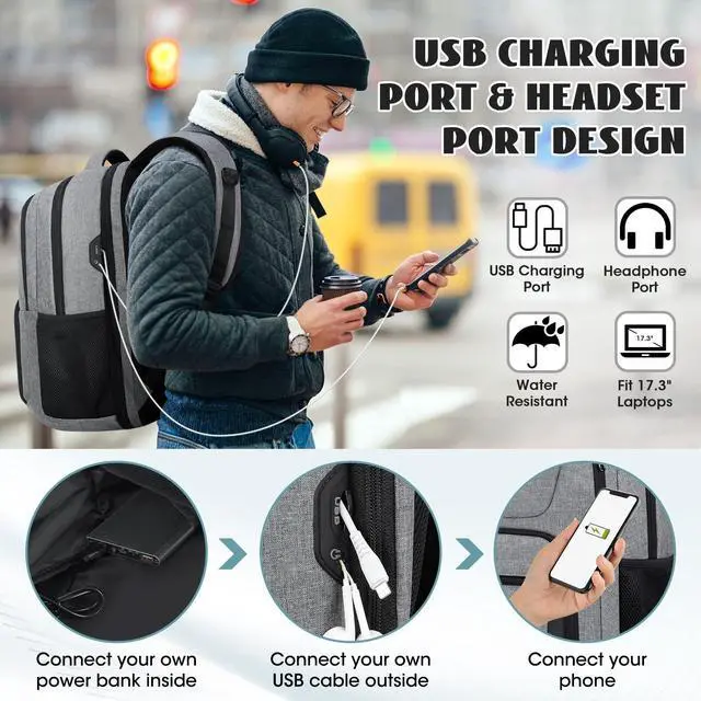 Alt view image 3 of 5 - Travel Laptop Backpack, 17 Inch Extra Large Laptop Backpack with USB Charging Hole 45L Anti Theft Travel Backpack Water Resistant College Business Computer Bag Fit 17.3 Inch Laptop for Men Women Grey