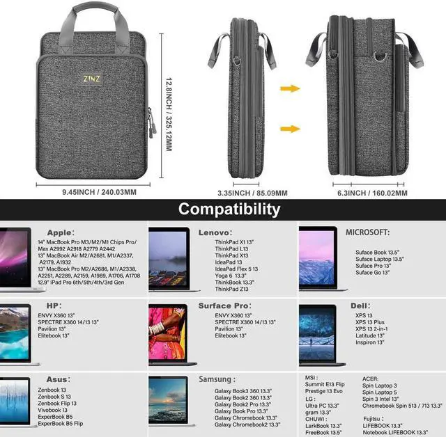 Alt view image 2 of 5 - ZINZ Slim & Expandable Case 12.9 13 inch Travel Laptop Shoulder Bag for MacBook Air 13" M3/M2/M1, MacBook Pro 13" M2/M1, iPad Pro 12.9"/13"/11", iPad Air 13",L01G03