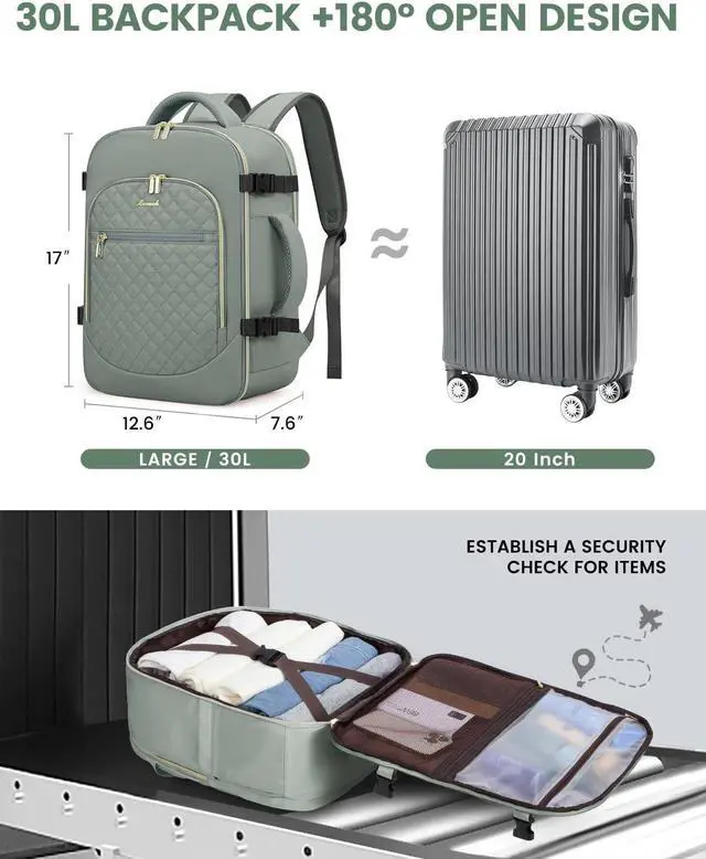 Alt view image 4 of 5 - LOVEVOOK Carry on Backpack, 30L Travel Backpack for Women Airline Approved,Luggage Business Weekender Overnight Daypack as Personal Item fit for 15.6 inch Laptop,Gray Green