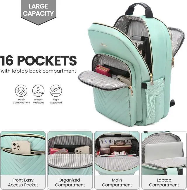 Alt view image 2 of 5 - LOVEVOOK Laptop Backpack for Women 15.6 inch,Cute Womens Travel Backpack Purse,Professional Laptop Computer Bag,Waterproof Work Business College Teacher Bags Carry on Backpack with USB Port,Mint Green