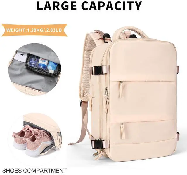 Alt view image 4 of 5 - coowoz Large Casual Travel Backpack For Women Men,Carry On Rucksack Flight Approved,Hiking Waterproof Outdoor Sports Daypack Fit 15.6 Inch Laptop Shoes Compartment (Beige)