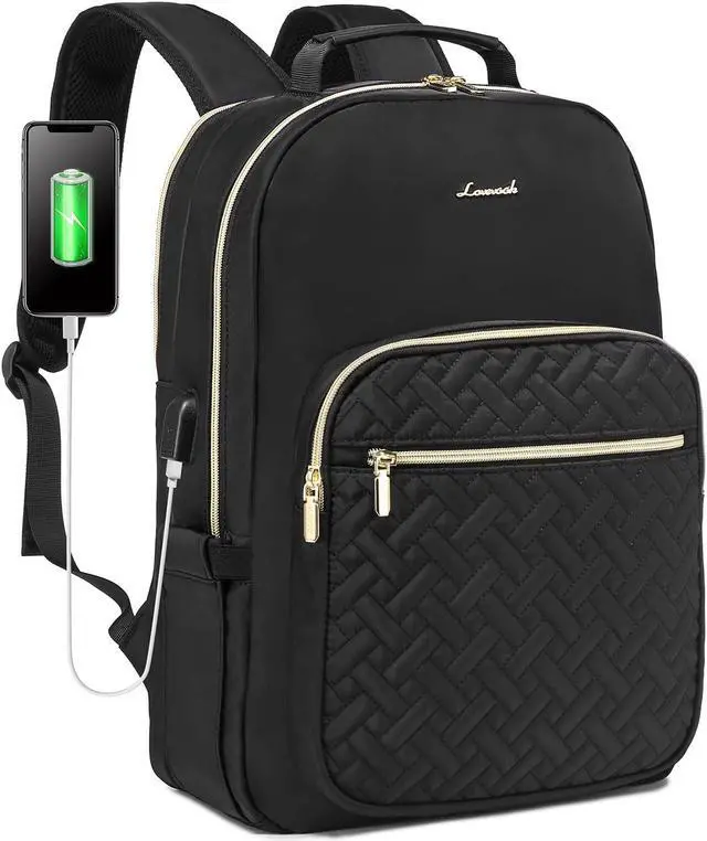 Main image of LOVEVOOK Laptop Backpack for Women, Stylish Quilted Backpacks Purse for Business Work Travel, Computer Bags Bag, with USB Port fits 15.6-inch Laptop, Black