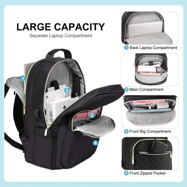 Alt view image 2 of 5 - LOVEVOOK Laptop Backpack for Women, Stylish Quilted Backpacks Purse for Business Work Travel, Computer Bags Bag, with USB Port fits 15.6-inch Laptop, Black