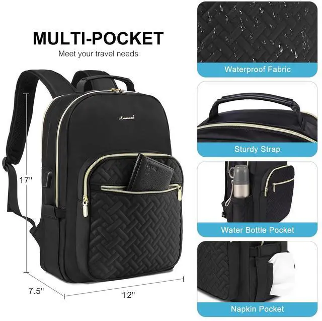 Alt view image 3 of 5 - LOVEVOOK Laptop Backpack for Women, Stylish Quilted Backpacks Purse for Business Work Travel, Computer Bags Bag, with USB Port fits 15.6-inch Laptop, Black