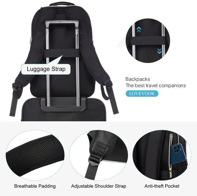 Alt view image 4 of 5 - LOVEVOOK Laptop Backpack for Women, Stylish Quilted Backpacks Purse for Business Work Travel, Computer Bags Bag, with USB Port fits 15.6-inch Laptop, Black