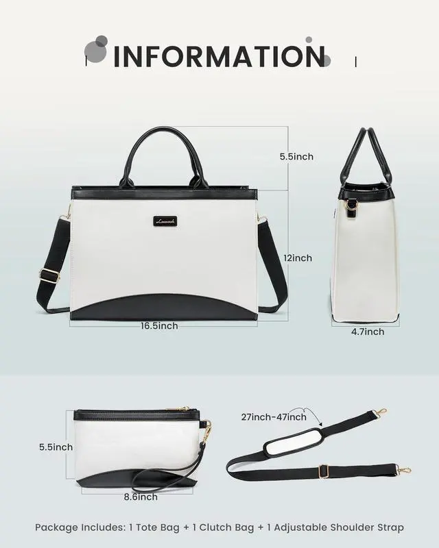 Alt view image 4 of 5 - LOVEVOOK Laptop Tote Bag for Women,15.6 Inch Large Capacity Work Bag with Clutch Purse for Teacher, Canvas Computer Bag for Business fits Office College Travel Black & White