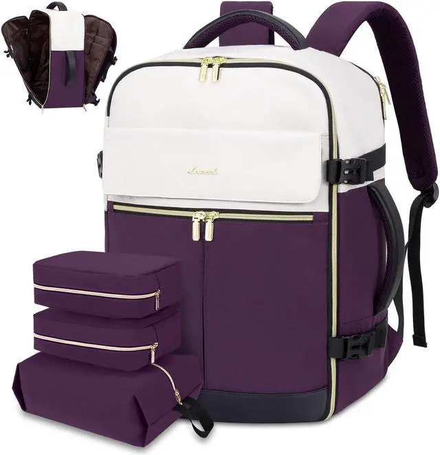 Main image of LOVEVOOK Travel Backpack, Carry On Backpack for Women, 40L Flight Approved Personal Item Backpack, Large Water Resistant Luggage Daypack with 3 Packing Cubes, fits 17inch Laptop, Beige-Purple-Black