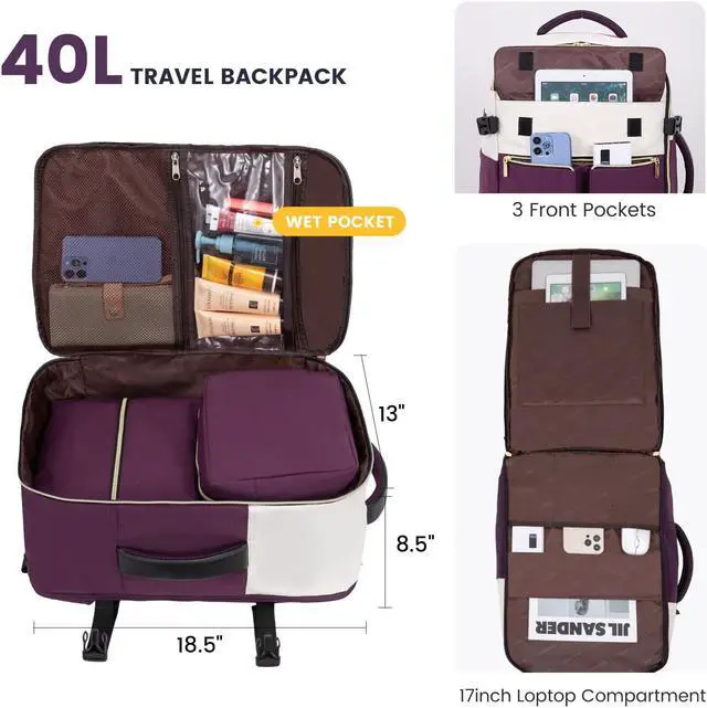 Alt view image 2 of 5 - LOVEVOOK Travel Backpack, Carry On Backpack for Women, 40L Flight Approved Personal Item Backpack, Large Water Resistant Luggage Daypack with 3 Packing Cubes, fits 17inch Laptop, Beige-Purple-Black