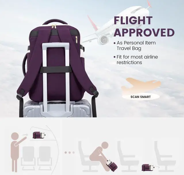 Alt view image 5 of 5 - LOVEVOOK Travel Backpack, Carry On Backpack for Women, 40L Flight Approved Personal Item Backpack, Large Water Resistant Luggage Daypack with 3 Packing Cubes, fits 17inch Laptop, Beige-Purple-Black