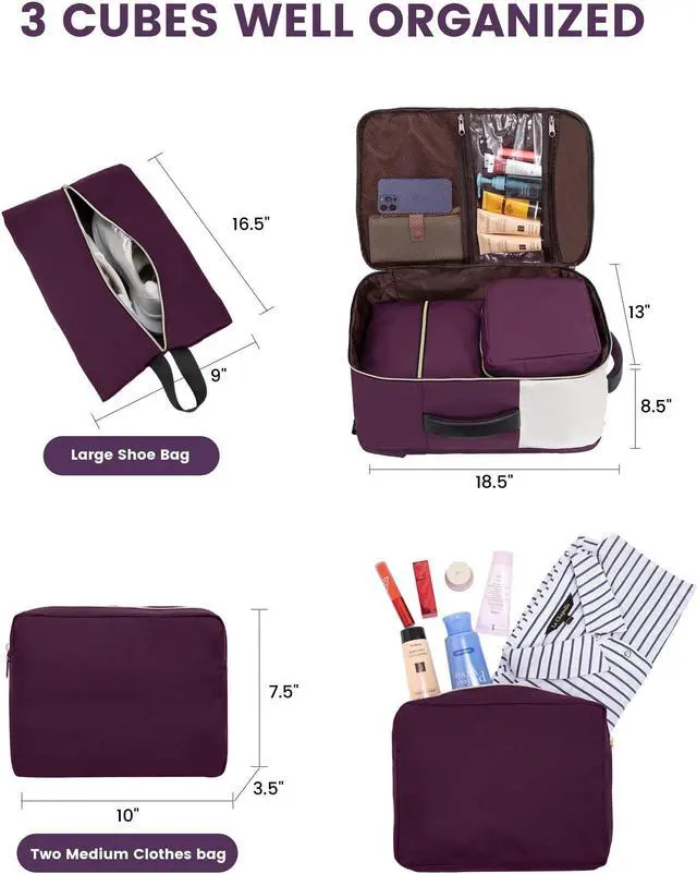 Alt view image 4 of 5 - LOVEVOOK Travel Backpack, Carry On Backpack for Women, 40L Flight Approved Personal Item Backpack, Large Water Resistant Luggage Daypack with 3 Packing Cubes, fits 17inch Laptop, Beige-Purple-Black